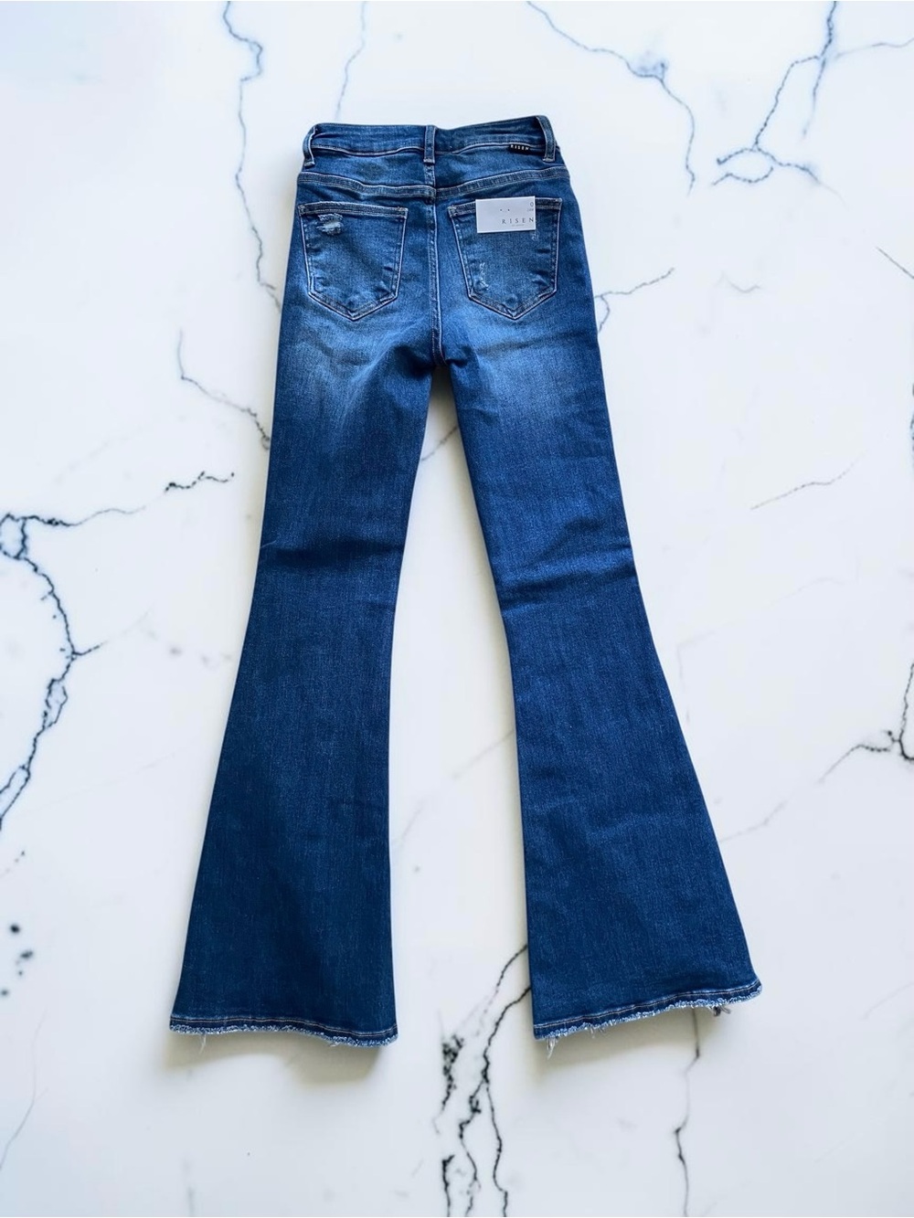 RISEN High-Rise Dark Blue Flare Jeans with Distressed Hem - Picture 2 of 2